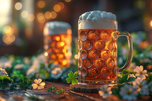 Two frothy mugs of beer adorned with clovers, set in a cozy, softly lit setting, a Person Photo by ImageMir