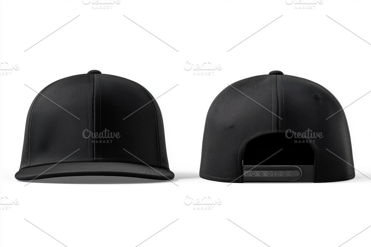 A black snapback cap mockup from the front and back, showcasing a sleek and mod, a Mask Mockup by Textures & Backgrounds