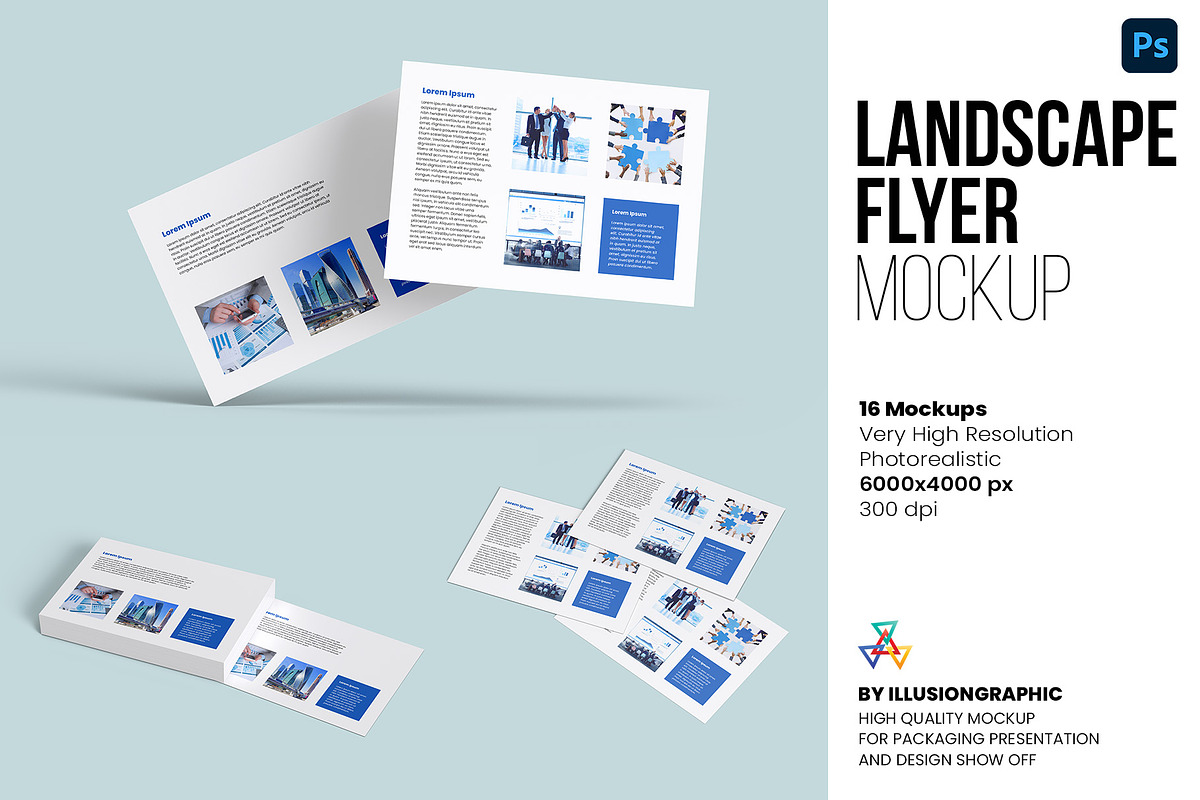 Landscape Flyer Mockup - 16 views, a Books & Magazine Mockup by Illusiongraphic (Photo 1 of 21)