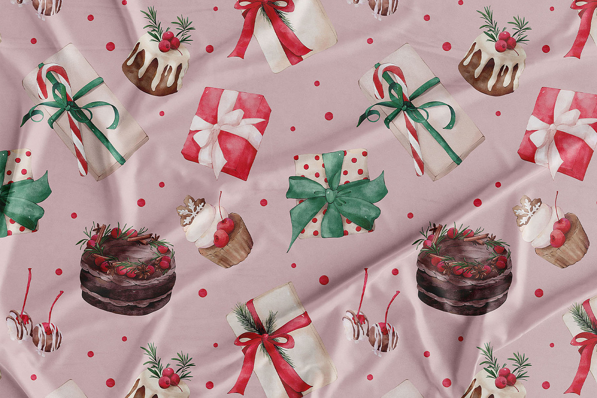 CHERRY CHRISTMAS watercolor pattern, a Seasonal Illustration by Yuliia Lashevska (Photo 2 of 10)