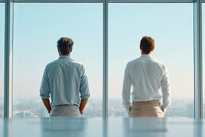 Businessmen overlooking city skyline, a Business Photo by AlyaAnd