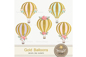 Gold Hot Air Balloon Clipart, an Illustration by JennyL Designs