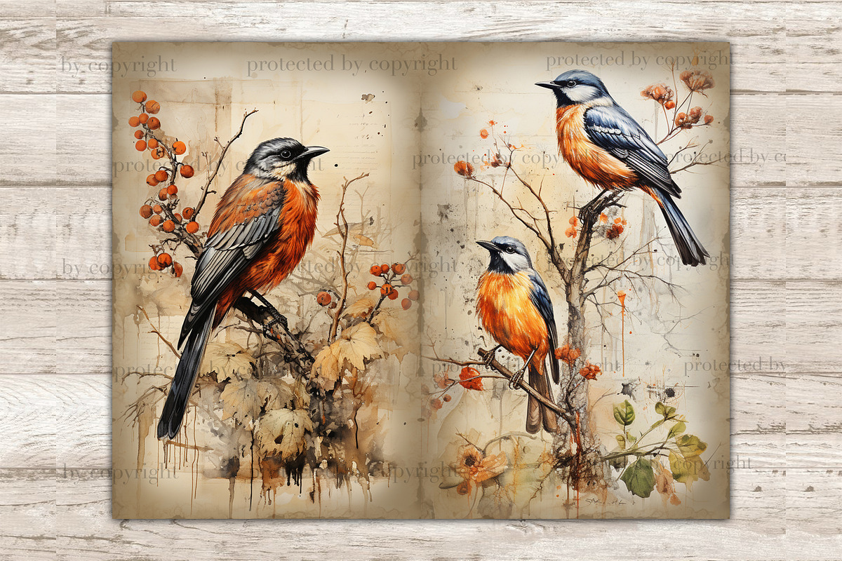 Vintage Birds Junk Journal Pages, an Animal Illustration by GlamArtZhanna (Photo 2 of 9)