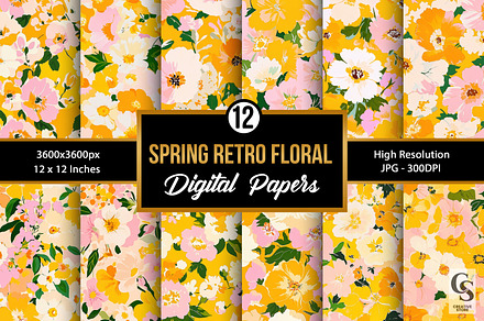 Retro Spring Flowers Digital Papers, a Pattern Graphic by Creative Store