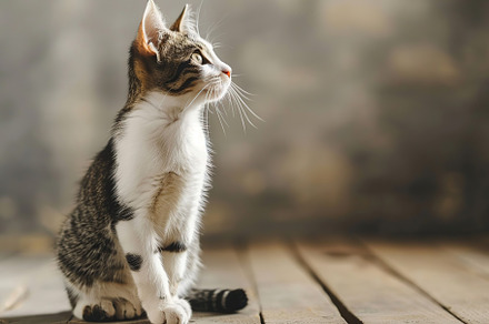 Cute cat sitting on floor near blank wall, an Animal Photo by AlyaAnd
