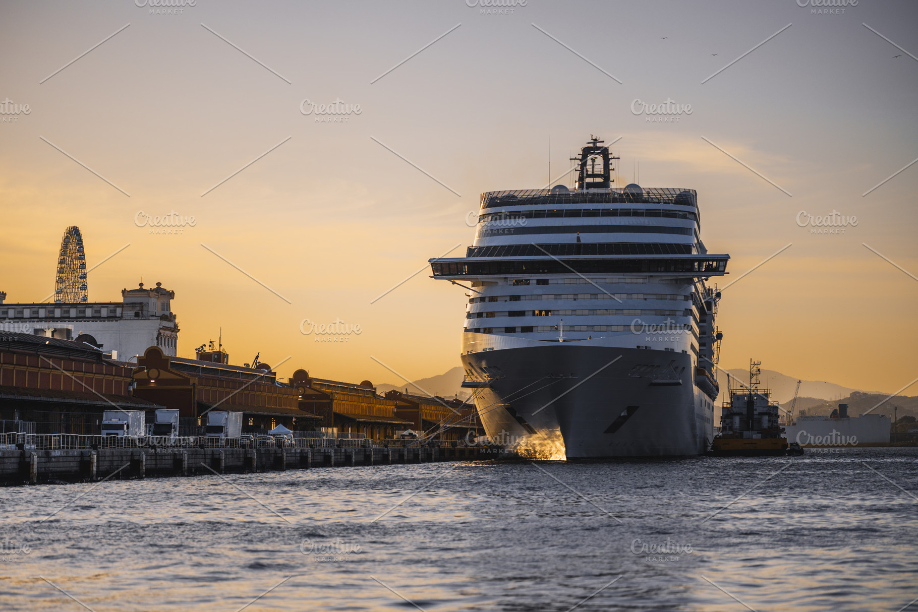 Cruise ship at sunset harbor, a Transportation Photo by SkyNext