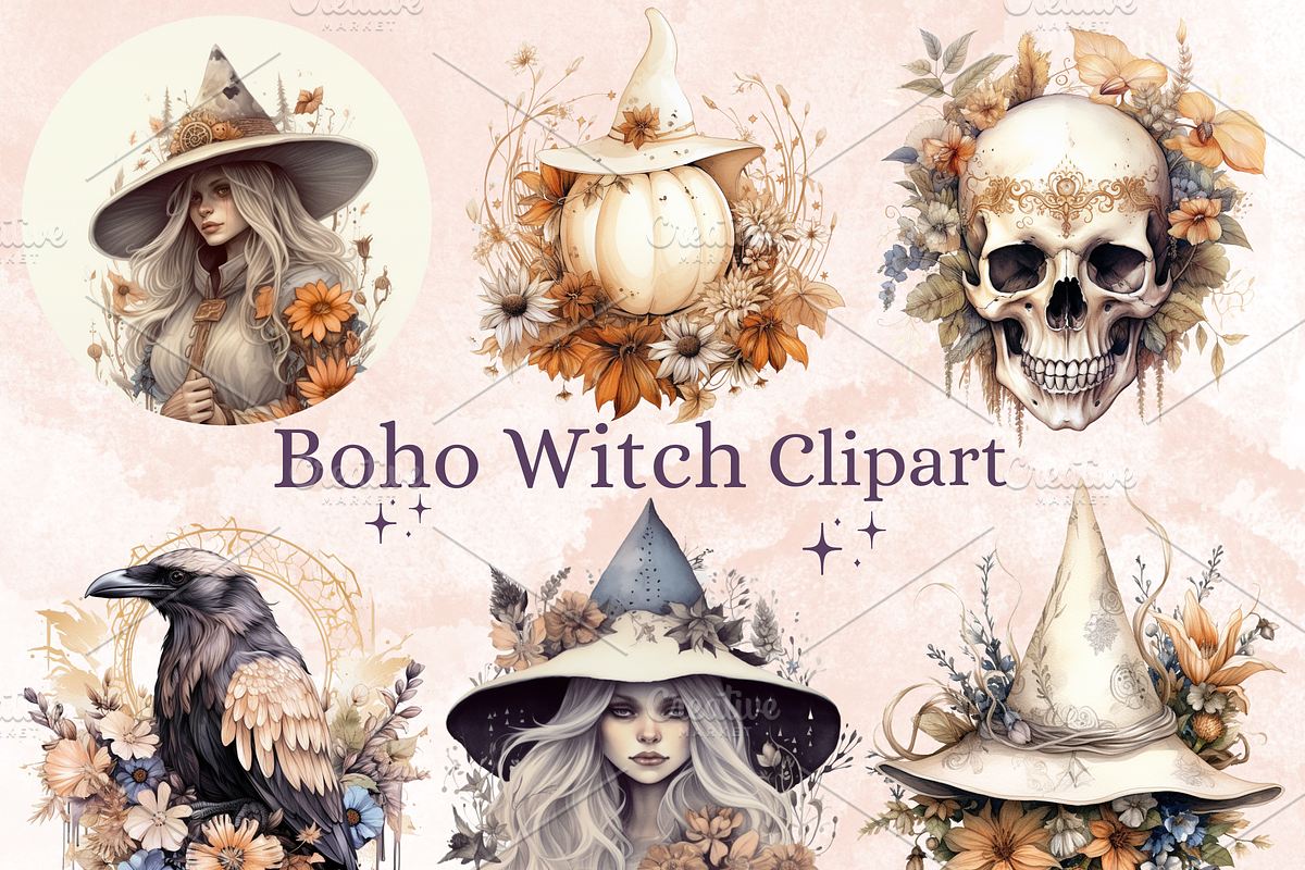 Watercolor Boho Witch Clipart, a Person Illustration by GiraffeCreative (Photo 1 of 9)