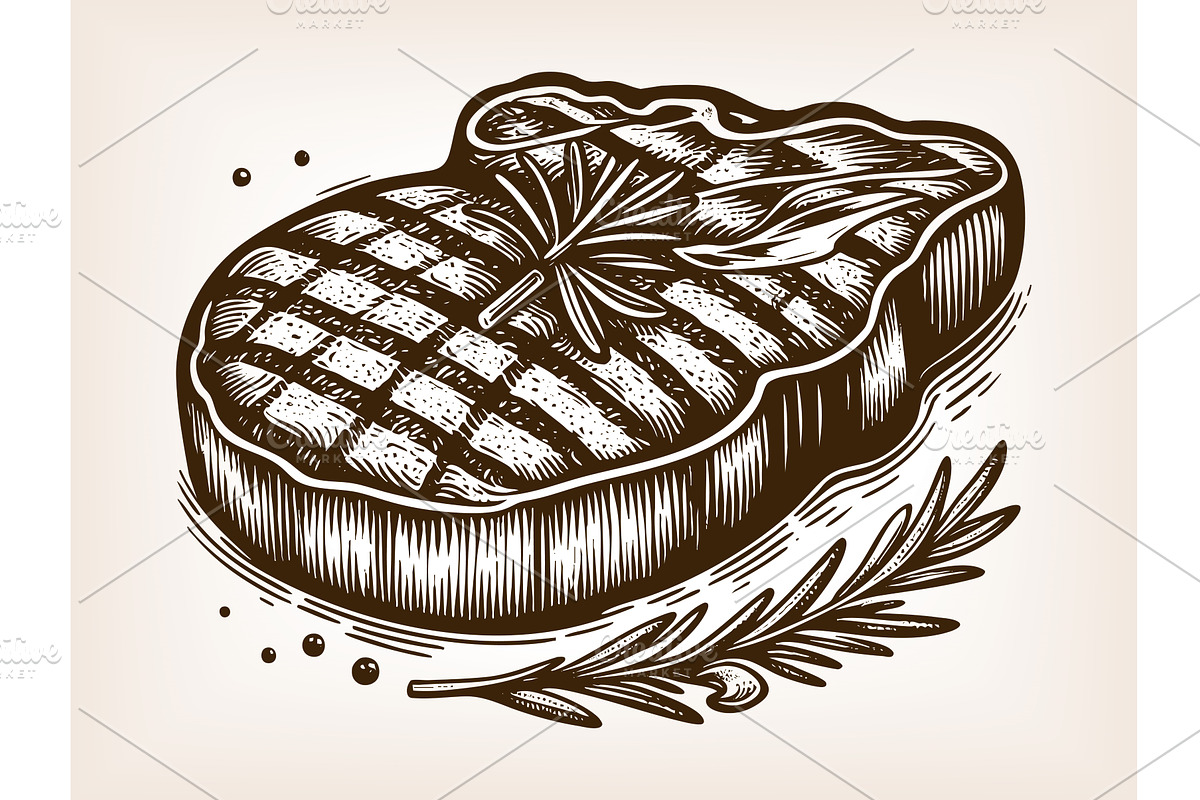 grilled steak with herbs vector, a Food Illustration by AlexArt