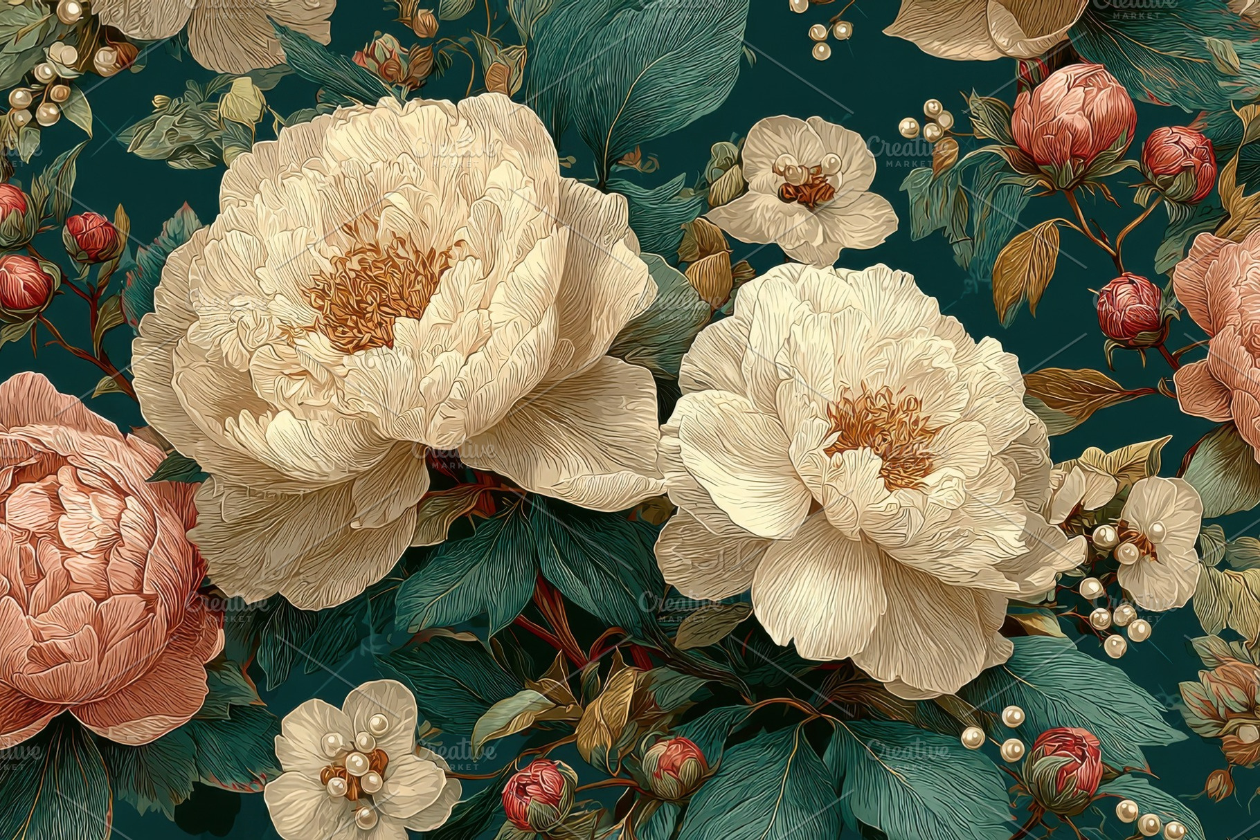 Elegant Creamy Peonies Teal Leaves F, a Photo by Pixeness Studio