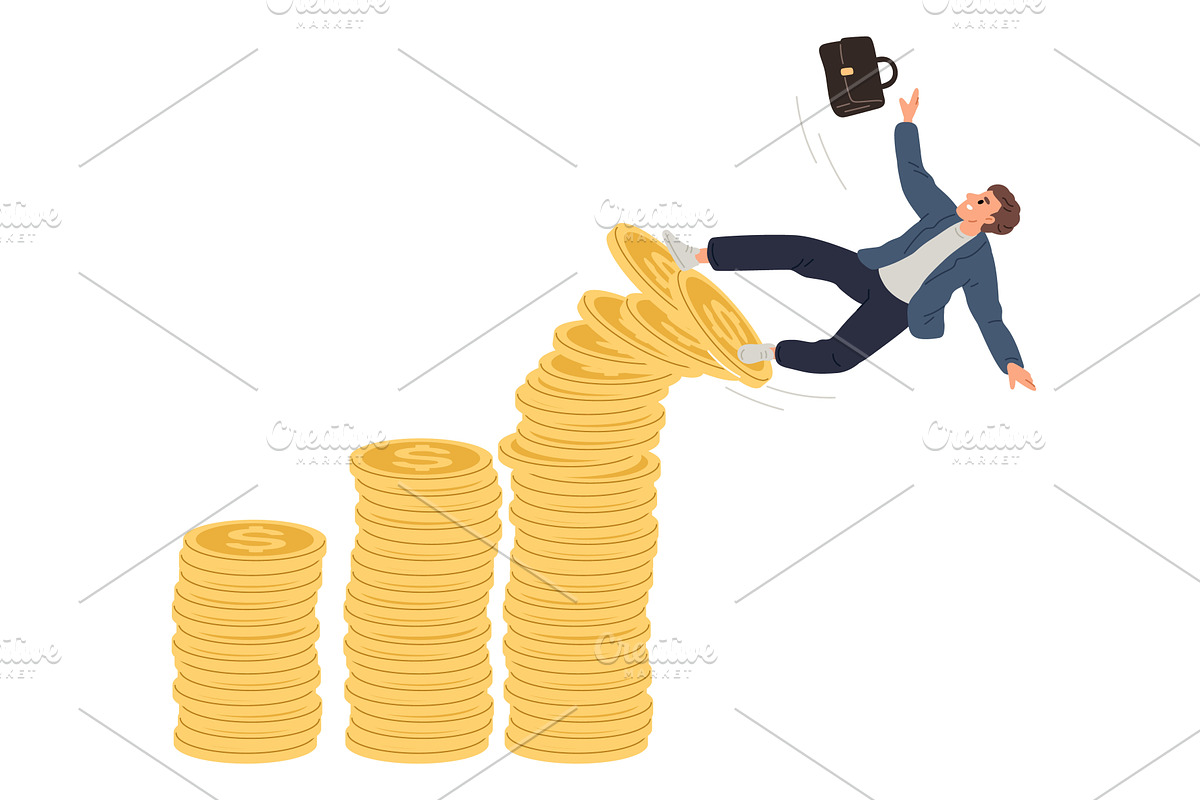 Businessman falls from gold coins, a Finance Illustration by Vectorbuum