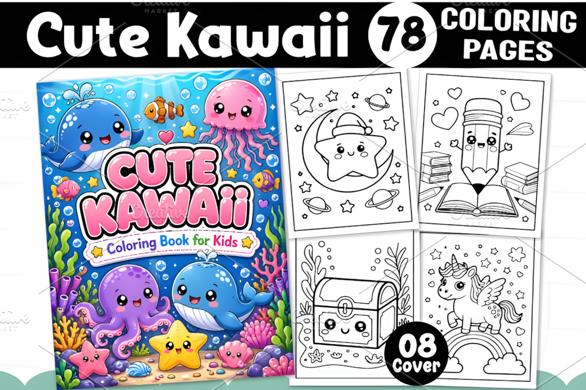 Cute Kawaii Coloring Pages, a Decorative Illustration by Design Station (Photo 1 of 3)