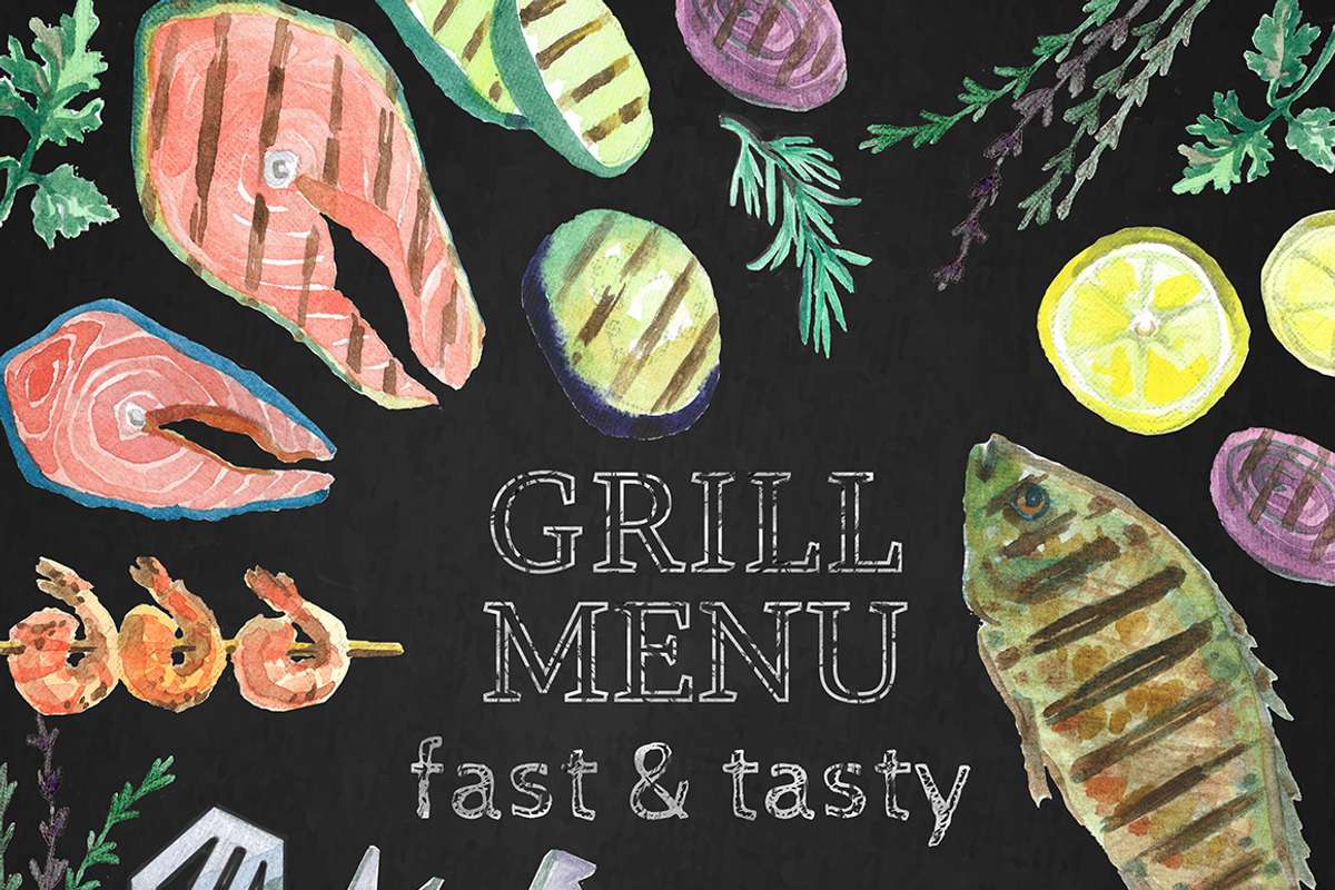 Watercolor bbq food and equipment., a Food Illustration by Natasha Koltsova (Photo 3 of 4)