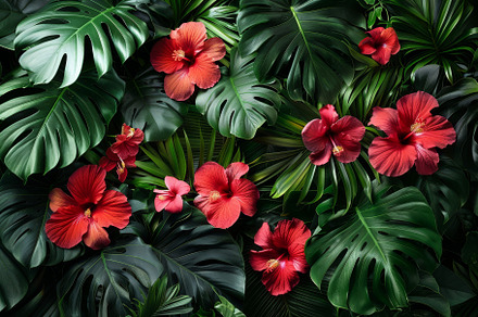 Colorful hibiscus flowers bloom amon, a Photo by Tanuart