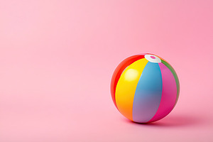 Colorful beach ball resting on a pastel pink surface for summer fun, a Sports & Recreation Photo by AlyaAnd