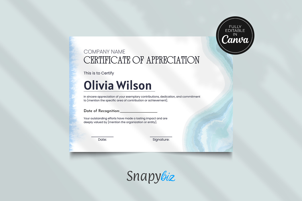 Blue Certificate Appreciation Canva, a Card Template by Snapybiz (Photo 2 of 10)