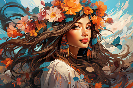 A beautiful bohemian woman with long flowing hair adorned with a floral crown,, a Beauty & Fashion Photo by Textures & Backgrounds