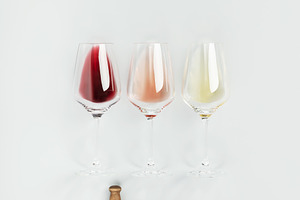 Flat-lay of red, rose and white wine in glasses on white background, a Food & Drink Photo by Natalia Klenova's Shop
