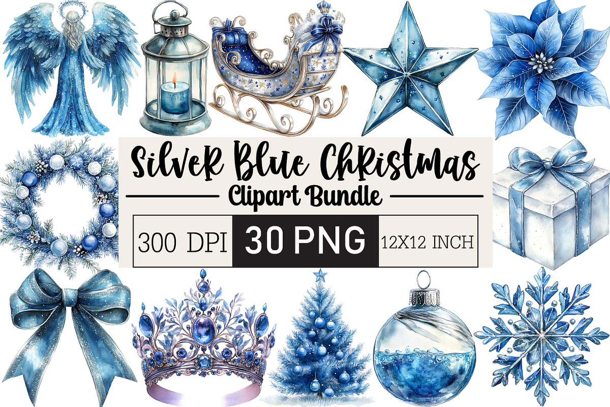 Silver Blue Christmas Clipart Bundle, an Illustration by Black Bird Studio (Photo 1 of 6)