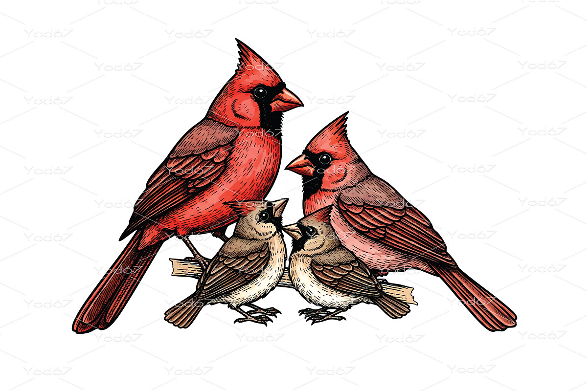Northern Cardinal family. Birds., an Animal Illustration by yod67