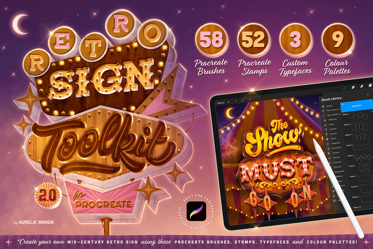 Retro Sign Toolkit 2.0 for Procreate, a Brush Add-On by Aurelie Maron (Photo 1 of 8)