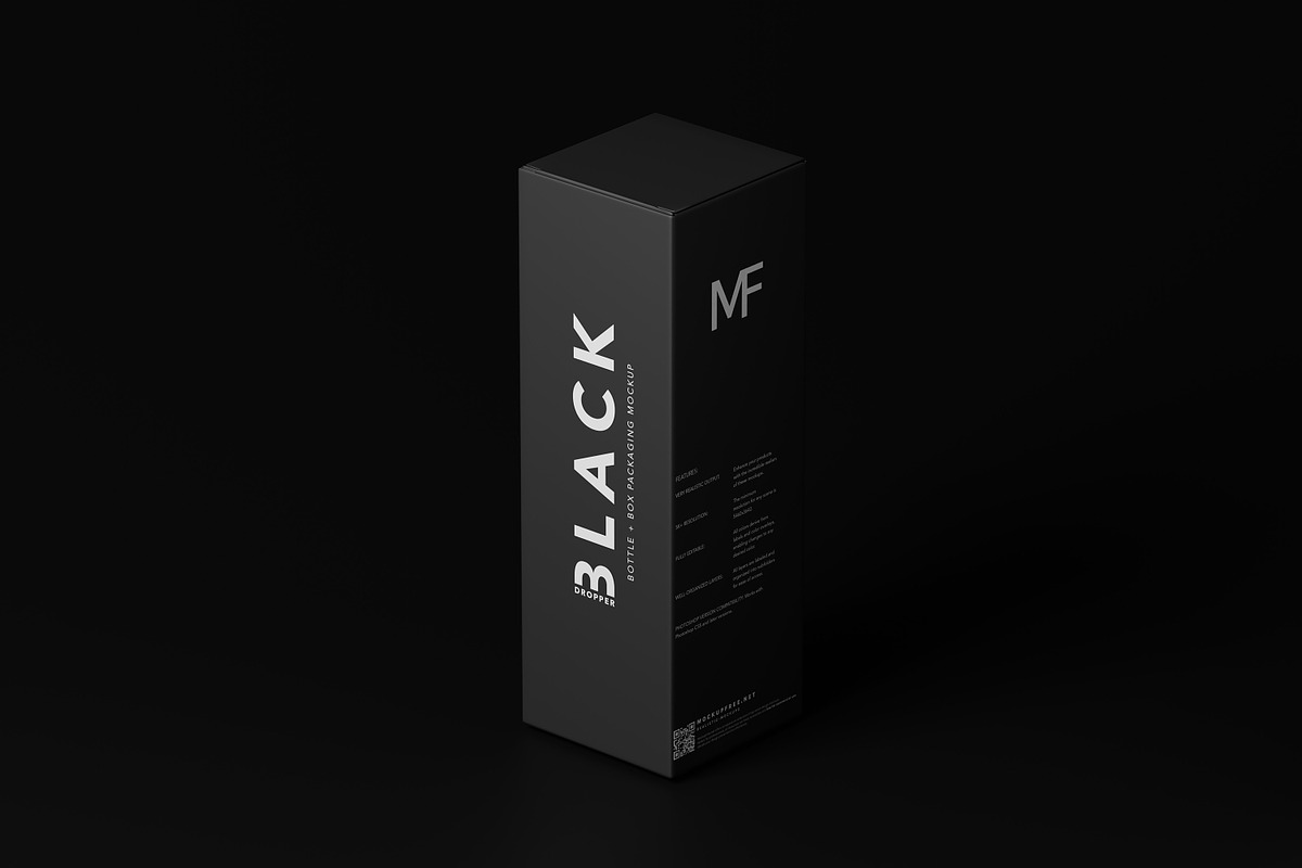 Black Dropper Bottle + Box Mockups, a Packaging Mockup by MockupFree.Net (Photo 3 of 10)