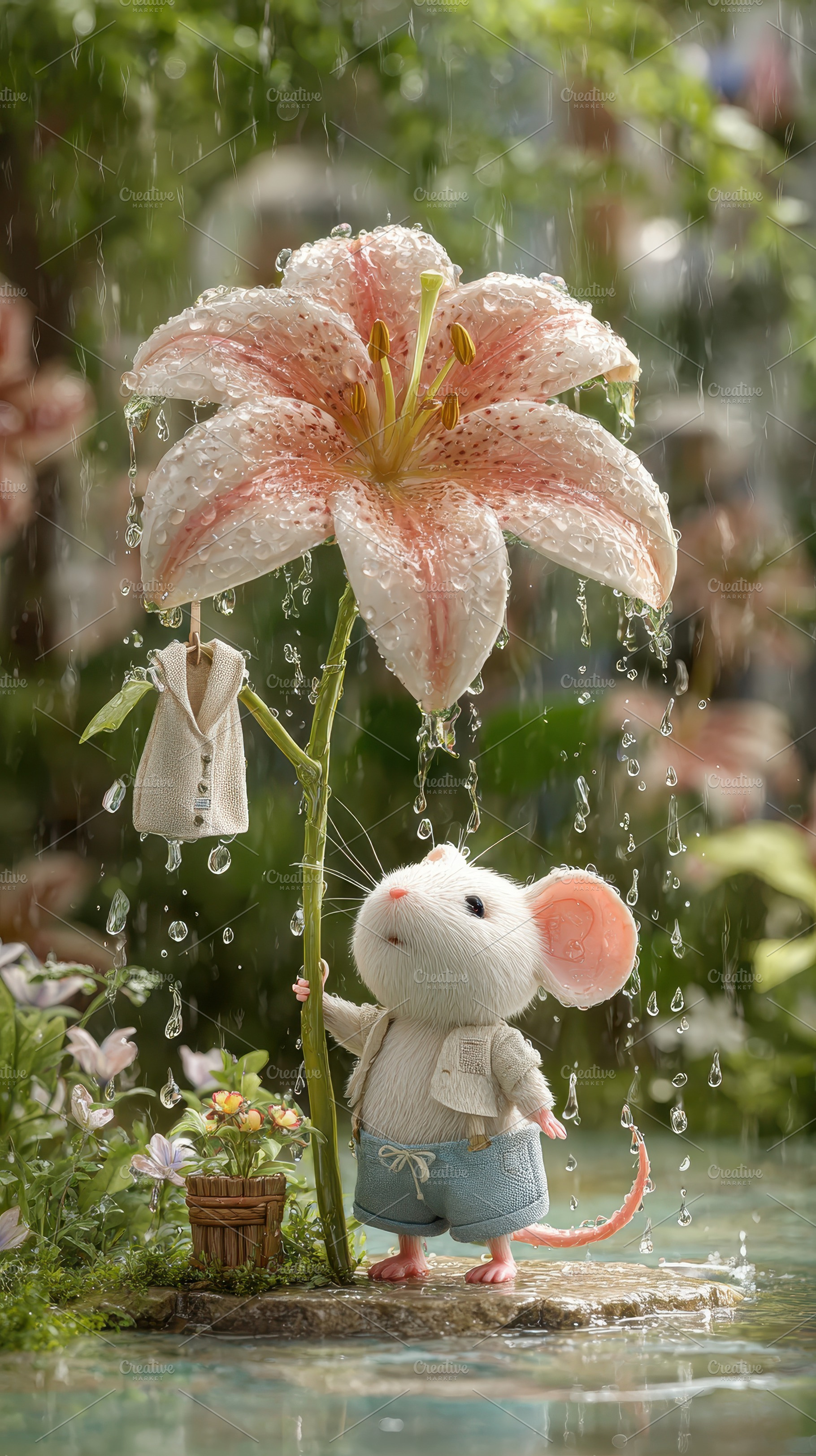 Cute mouse sheltering under lily rai, a Photo by Pixeness Studio
