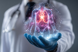 Doctor holding digital human anatomy, a Photo by Pixeness Studio