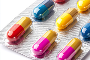 Blister pack of colorful medicine capsules for medical treatment, a Photo by Studio ANNA