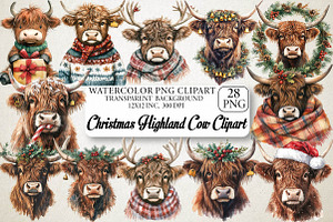 Christmas Highland Cow Clipart, an Illustration by DreamPrint404
