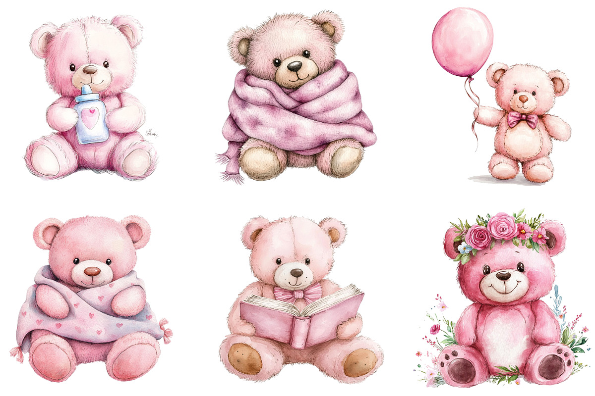 Watercolor Pink Cute Blush Teddy, an Illustration by DreamArtGraphic (Photo 2 of 4)
