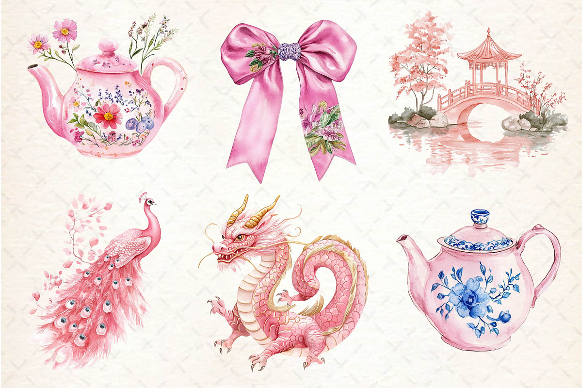Pink Chinoiserie Summer Clipart, an Illustration by Dream Creation (Photo 6 of 6)