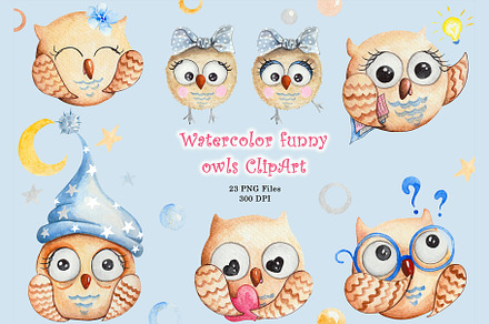 Watercolor Funny Cartoon Owls