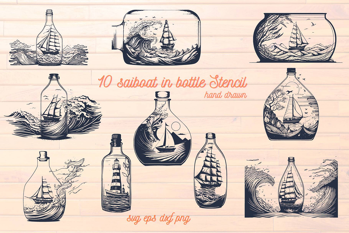 sailboat in bottle stencil v1, a Decorative Illustration by TaKong Magics (Photo 1 of 5)