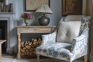 Cozy living room corner with a floral patterned armchair, fireplace with log bu, an Architecture Photo by Studio ANNA