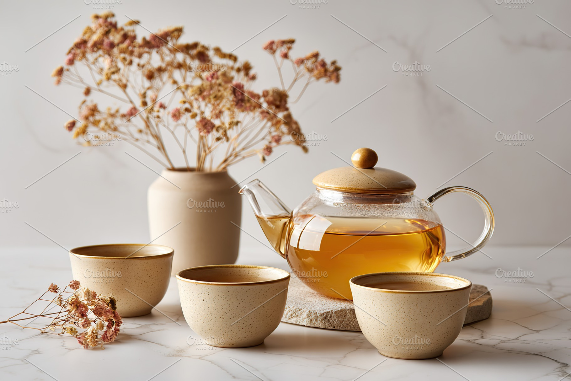 Elegant glass teapot with herbal tea and ceramic cups on modern table setting, a Photo by AlyaAnd