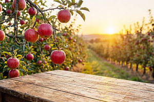 Wooden tabletop on a apple garden, a Food & Drink Photo by Volff