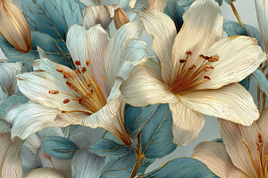 Elegant lilies with teal leaves gold, a Photo by Pixeness Studio