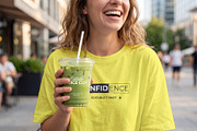T-Shirt Mockup with Iced Juice Cup, a Shirt Mockup by graphypix (Thumbnail 1 of 4)