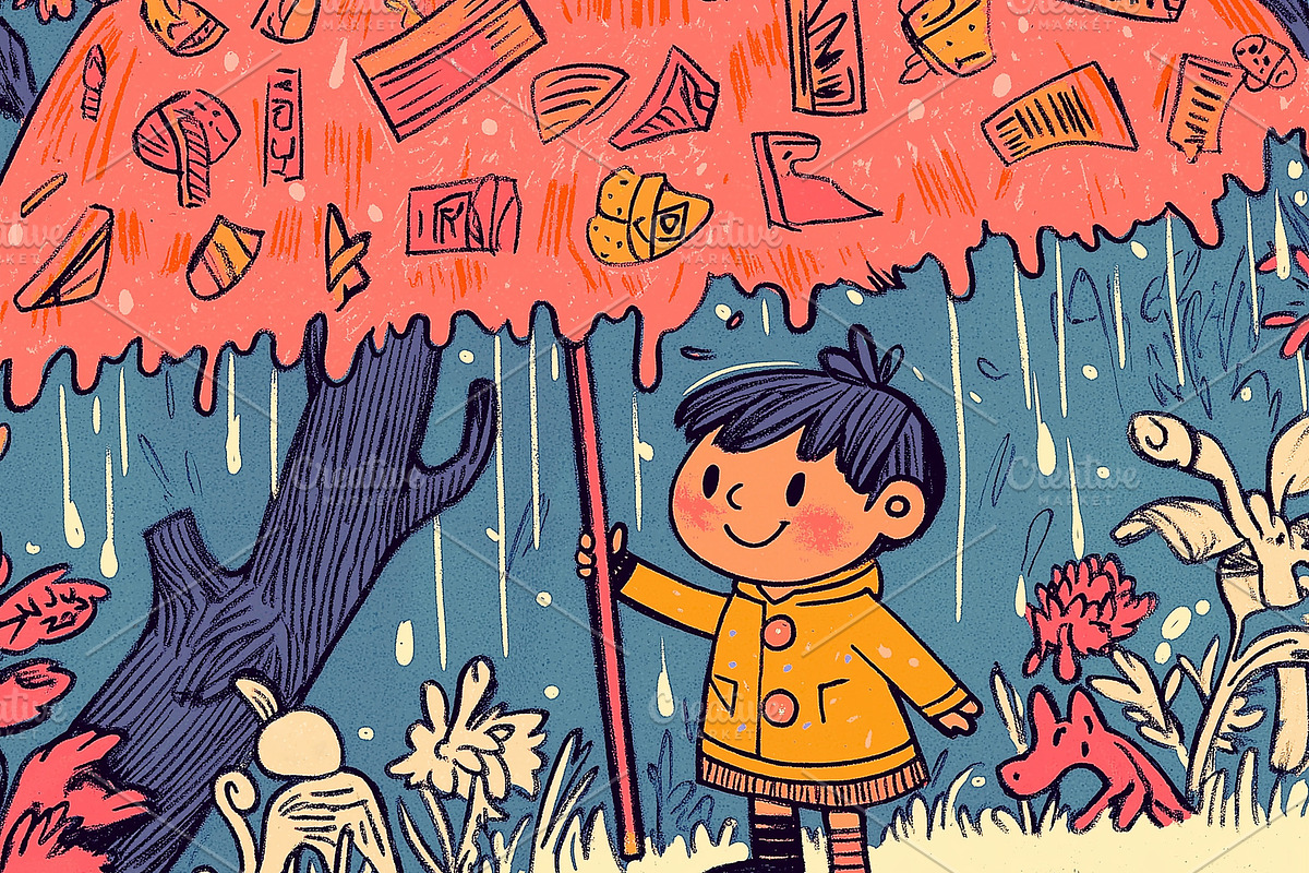 A cheerful boy with a big umbrella, a Person Illustration by Sybillla