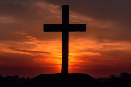 The cross with the sun behind, landscape. Generative AI, a Wallpaper Photo by designvectx