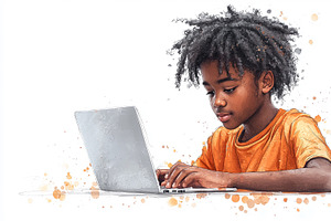 Young child focused on a laptop while working or studying at home, an Illustration by AS photostudio