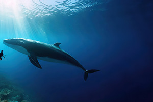 Swimmer diving underwater near a gigantic whale