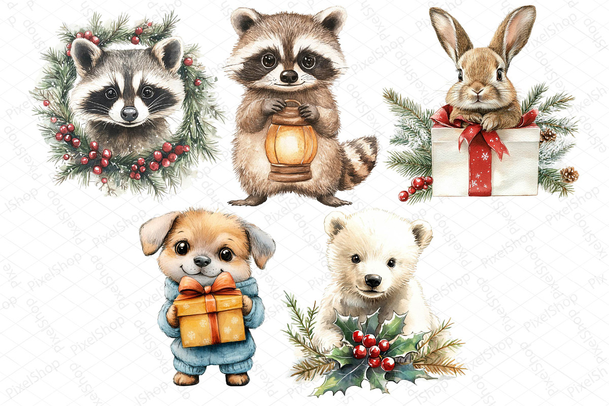 Christmas Animals Watercolor Clipart, an Illustration by DreamPrint404 (Photo 5 of 5)