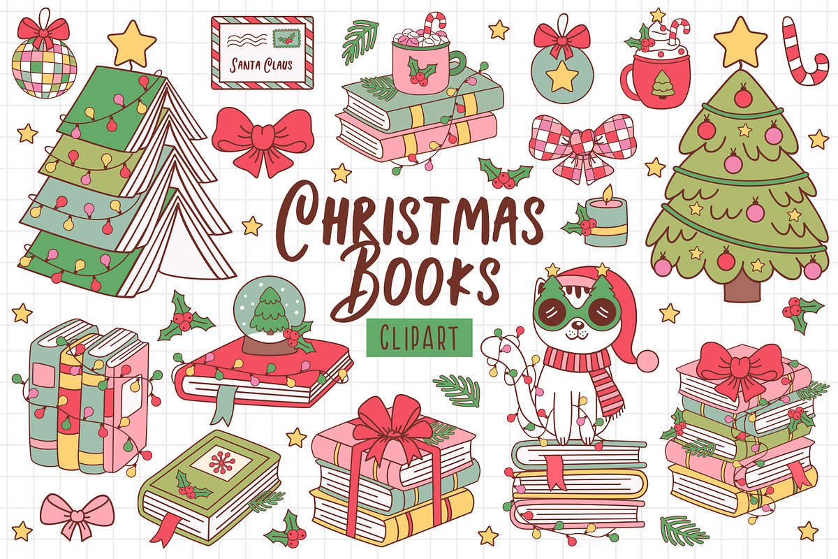 Christmas Books and cute cat clipart, an Animal Illustration by NataKa (Photo 1 of 5)