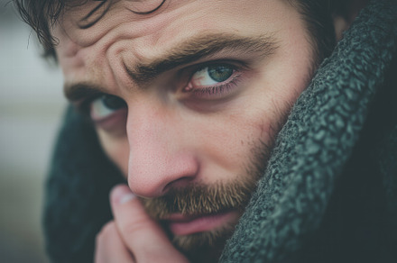 A close-up portrait of a man with a serious expression, wrapped in a dark, text, a Person Photo by Textures & Backgrounds