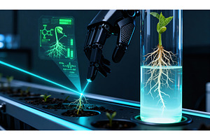 Robotic hand tending plant seedlings, a Technology Photo by tilialucida