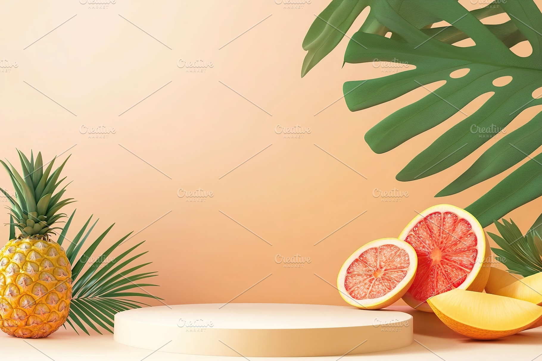 Empty summer podium showcasing tropical fruits and foliage in a warm setting, a Background Photo by AlyaAnd
