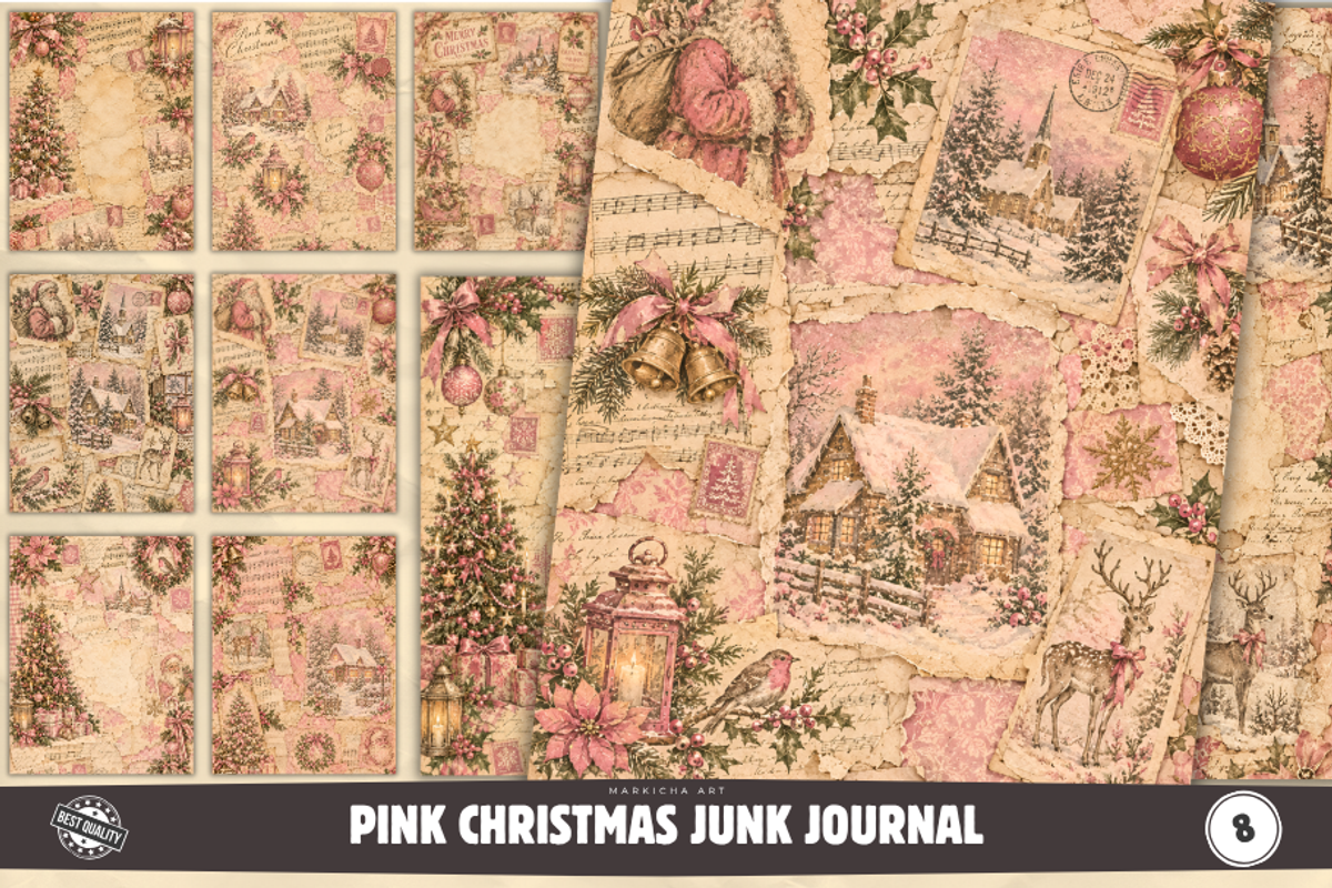 Pink Christmas Junk Journal Pages, a Background Graphic by Markicha Art (Photo 1 of 5)