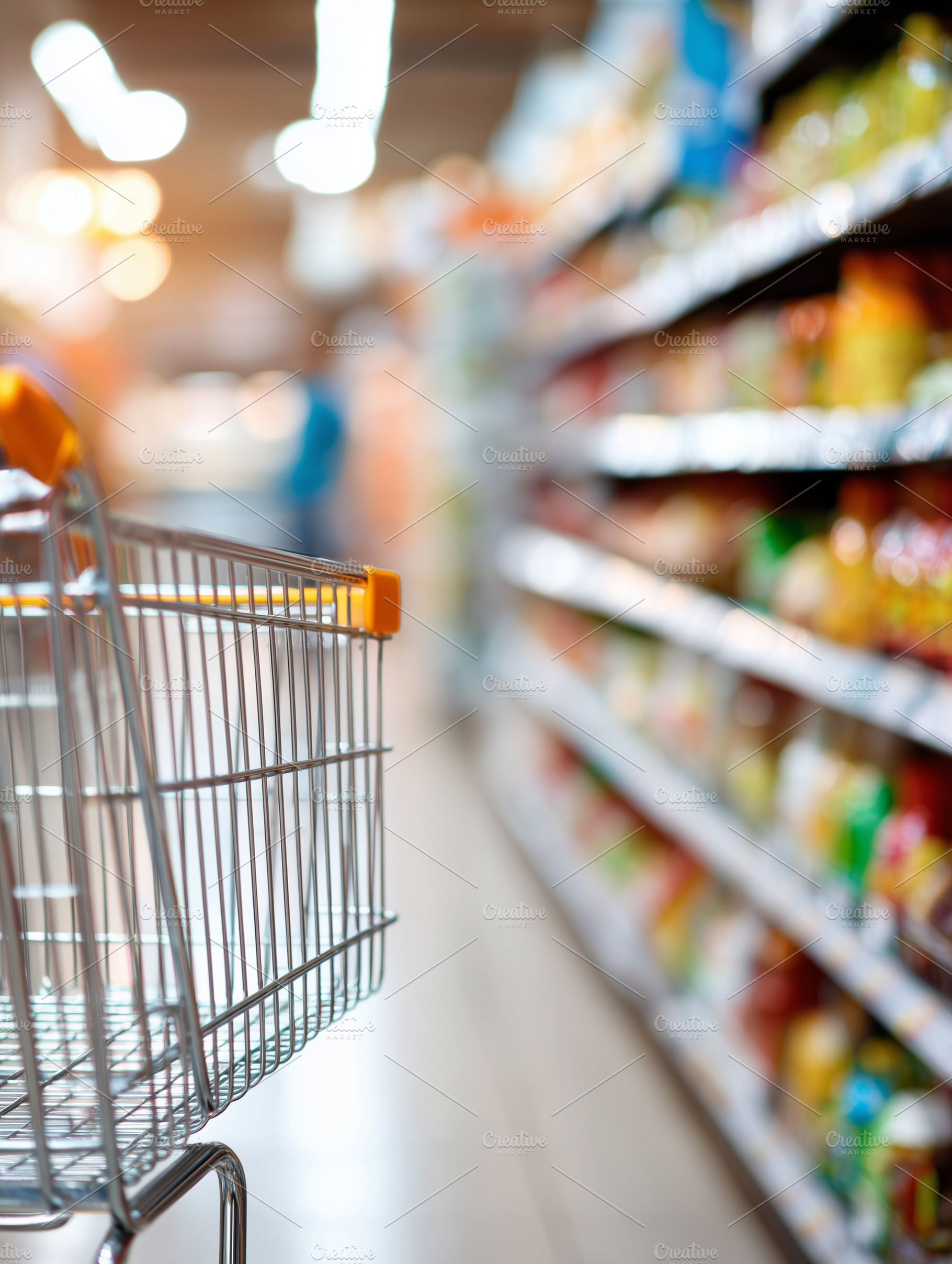 Blurred supermarket aisle with cart, a Food & Drink Photo by MistyDay