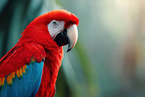 Vibrant red parrot in lush tropical setting, an Animal Photo by AlyaAnd